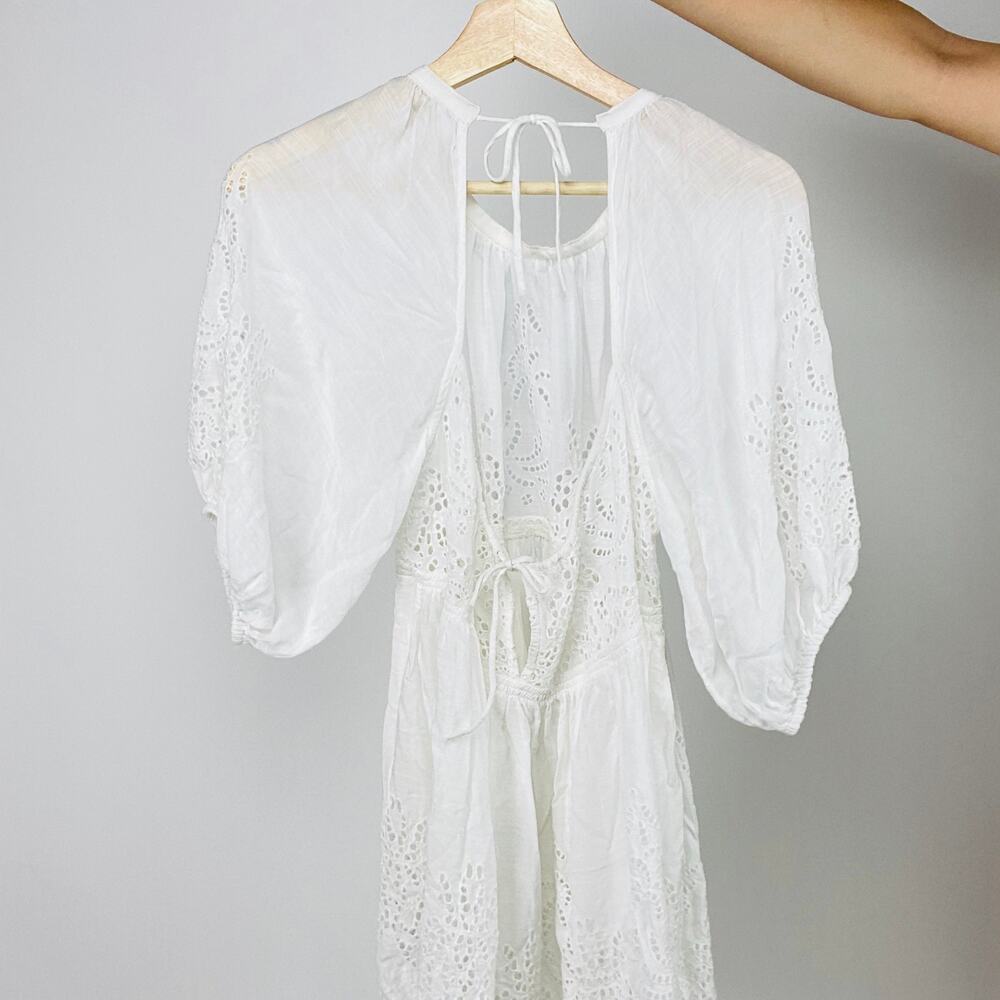 Free People White Eyelet Boho Flowy Balloon Sleeve Dress - Picture 7 of 8